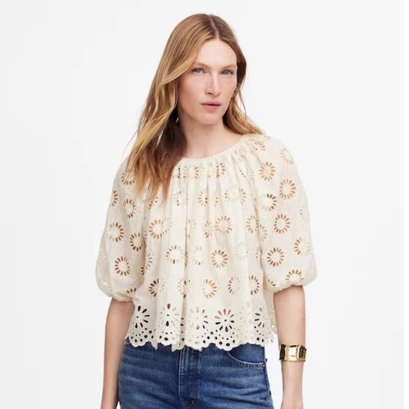 Madewell Floral Eyelet Embroidered Shirred Puff-Sleeve Top Women's Medium NWT - Picture 1 of 8